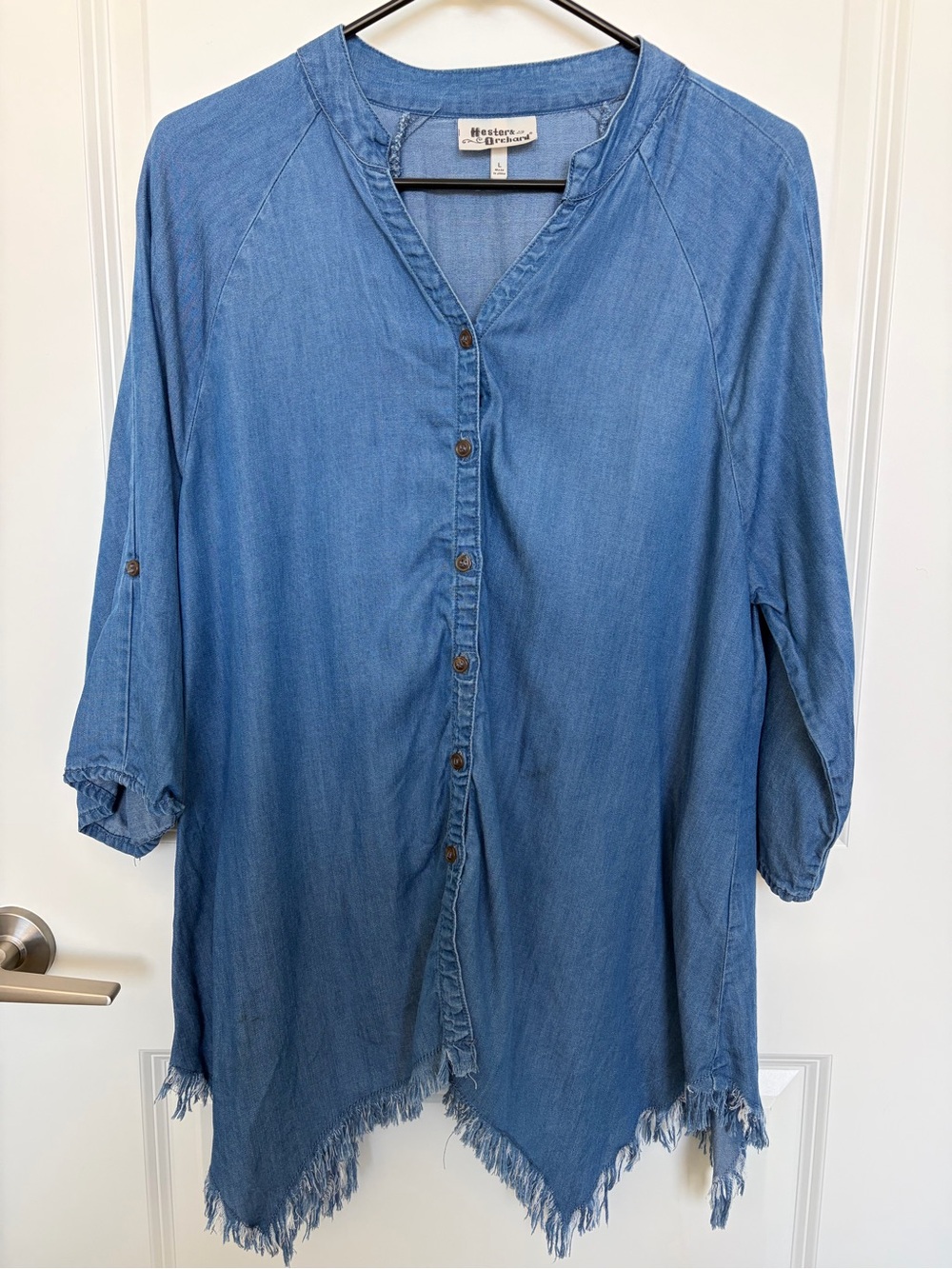 Blue Denim Button-Up Tunic with Frayed Hem
